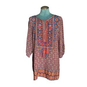 Tolani Silk Tunic Size L Orange Blue Tassel Boho Oversized  Geometric Festival